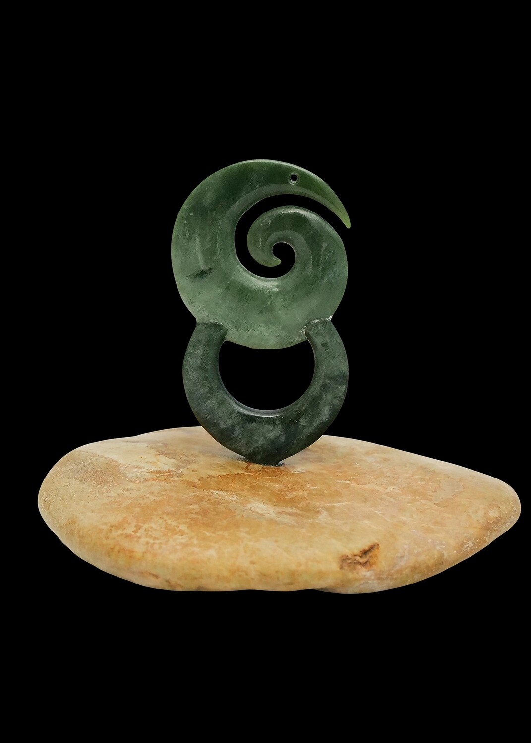 Moko Pounamu Open Koru Sculpture NZ Genuine Kawakawa Flower/Kokopu Greenstone - Miritu