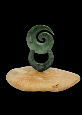 Moko Pounamu Open Koru Sculpture NZ Genuine Kawakawa Flower/Kokopu Greenstone - Miritu