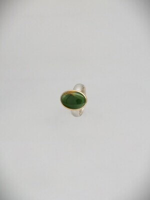 Moko Pounamu Gilt Jewellery Oval Cabochon NZ Genuine Kahurangi Flower Greenstone 9ct Gold and Sterling Silver Ring Med 10107