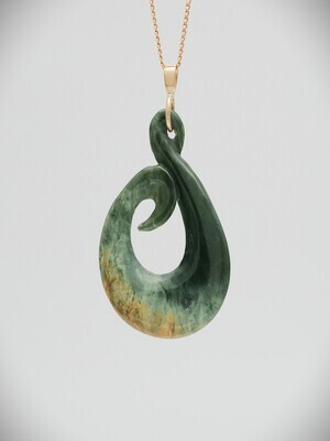 Moko Pounamu Hei Matau (Hook) NZ Genuine Inanga Flower Greenstone and 9ct Gold Pendant - Umawera Moko Pounamu Hei Matau (Hook) NZ Genuine Inanga Flower Greenstone and 9ct Gold Pendant - Umawera