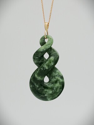Moko Pounamu Double Pikorua NZ Genuine Kahotea Greenstone & 9ct Gold - Maraetai Moko Pounamu Double Pikorua NZ Genuine Kahotea Greenstone & 9ct Gold - Maraetai