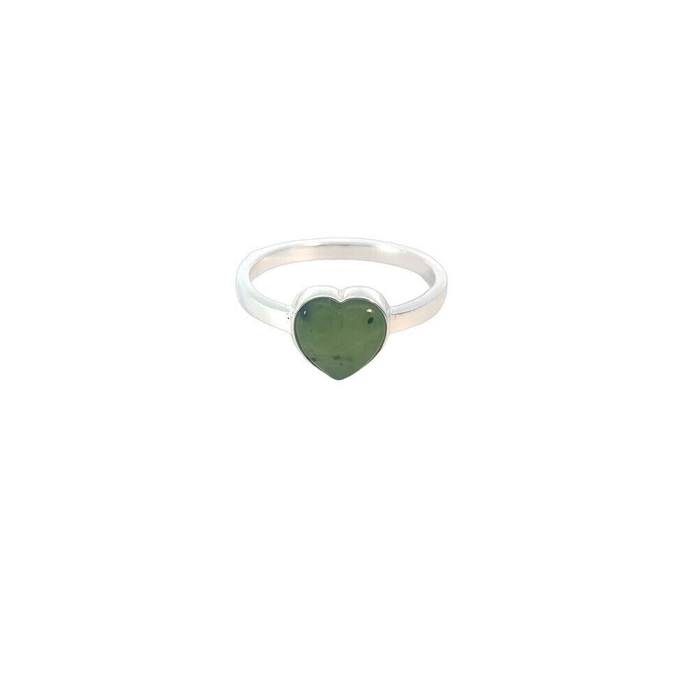 Moko Pounamu NZ Greenstone and Silver Heart Ring - 60HR Moko Pounamu NZ Greenstone and Silver Heart Ring - 60HR