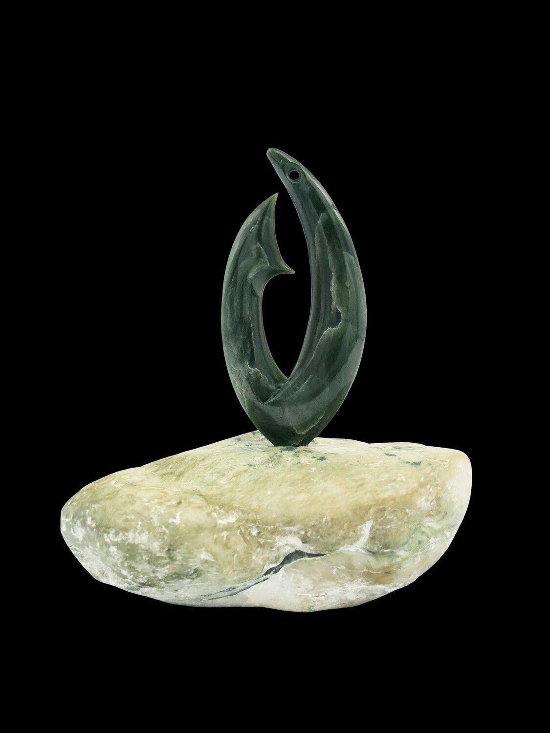 Moko Pounamu Matau (hook) Sculpture NZ Genuine Kawakawa Inanga Greenstone - Motupiko Moko Pounamu Matau (hook) Sculpture NZ Genuine Kawakawa Inanga Greenstone - Motupiko