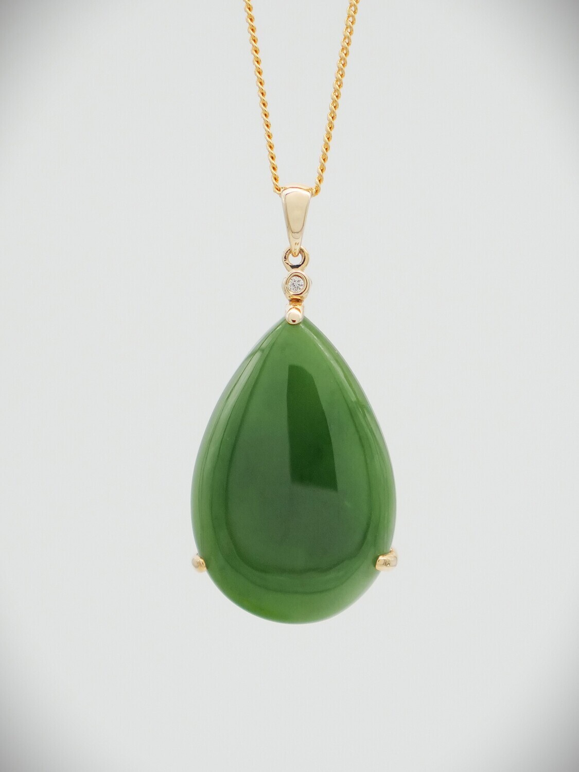 Moko Pounamu NZ Genuine Kahurangi Greenstone and 14ct Gold & Diamond Teardrop Pendant 10759