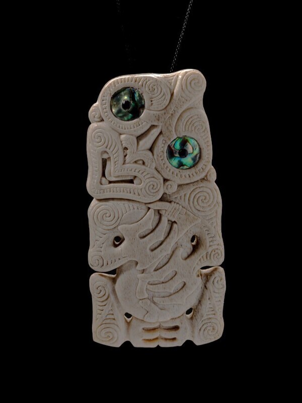 Moko Pounamu Hei Tiki Genuine Whale Bone Carving - Kaniere Moko Pounamu Hei Tiki Genuine Whale Bone Carving - Kaniere