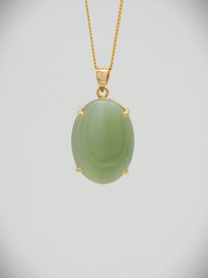 Moko Pounamu NZ Genuine Inanga Greenstone and 14ct Gold Cats Eye Pendant 10854