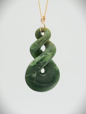 Moko Pounamu Double Pikorua NZ Genuine Marsden Flower Greenstone & 9ct Gold Pendant - Kowhitirangi Moko Pounamu Double Pikorua NZ Genuine Marsden Flower Greenstone & 9ct Gold Pendant - Kowhitirangi