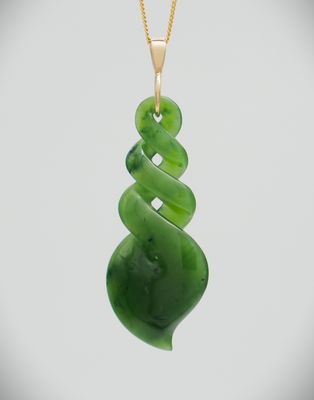 Moko Pounamu Double Pikorua (Twist) NZ Genuine Kahurangi Greenstone & 9ct Gold - Tekapo