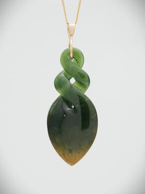 Moko Pounamu Double Pikorua NZ Genuine Marsden Flower Greenstone & 9ct Gold Bail - Ohau