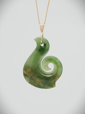 Moko Pounamu Hei Matau (Hook) NZ Genuine Kahurangi Flower Greenstone and 9ct Gold Pendant - Te Kakano Moko Pounamu Hei Matau (Hook) NZ Genuine Kahurangi Flower Greenstone and 9ct Gold Pendant - Te Kakano