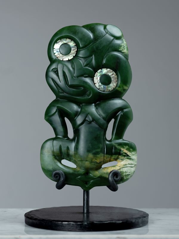 Moko Pounamu Tiki NZ Genuine Kahurangi Flower Pounamu - Wakapatu Moko Pounamu Tiki NZ Genuine Kahurangi Flower Pounamu - Wakapatu