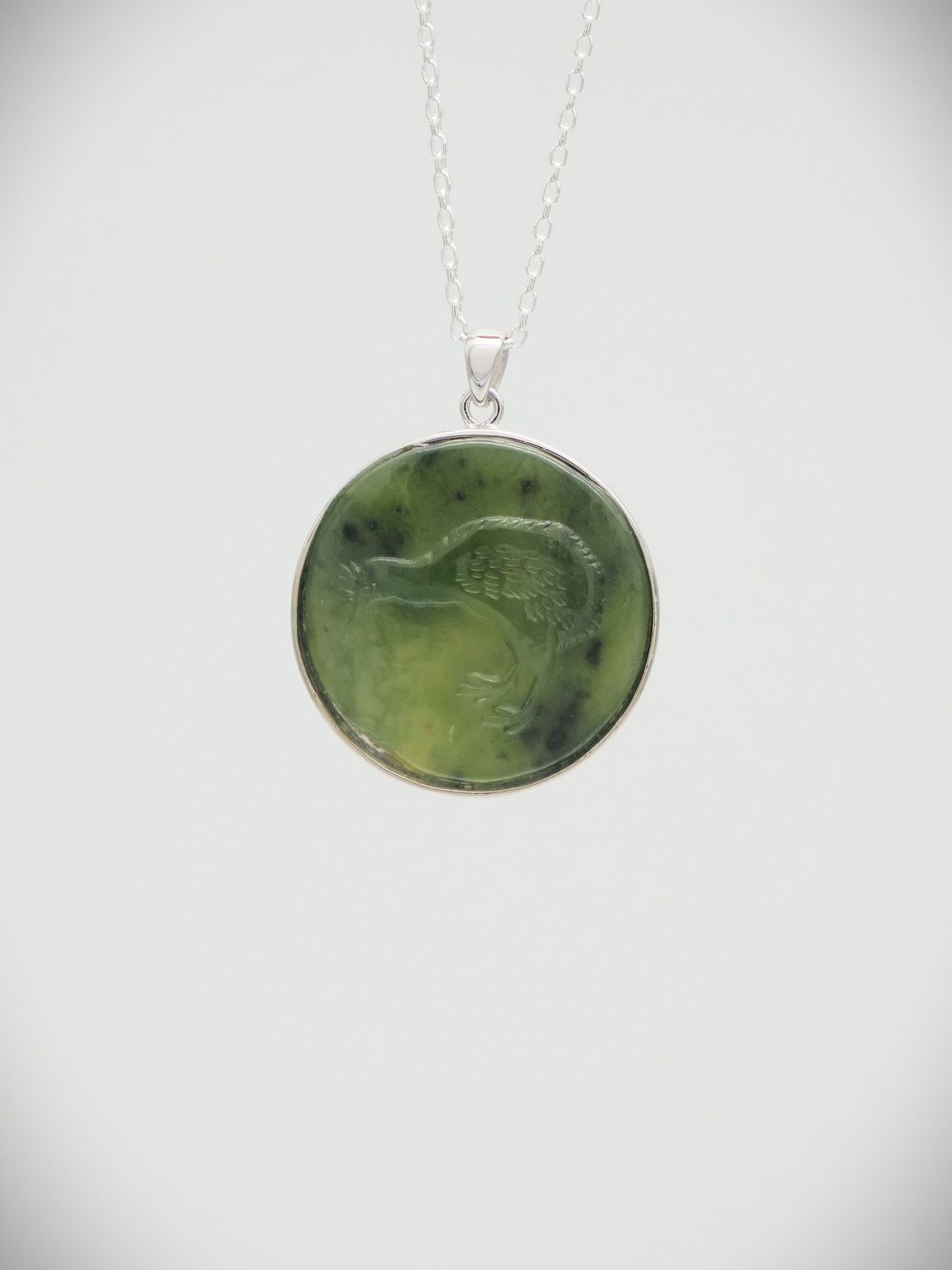 Moko Pounamu Greenstone and Sterling Silver Kiwi Coin Pendant
