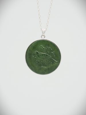 Moko Pounamu Greenstone and Sterling Silver Tui Coin Pendant