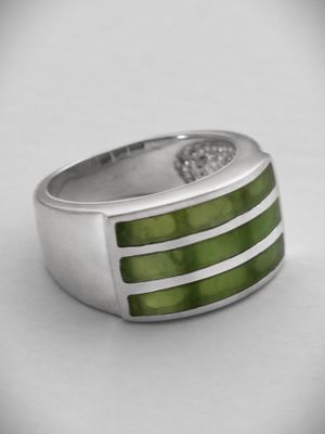 Moko Pounamu Greenstone and Silver Three Stone Ring - Inlay 13J Moko Pounamu Greenstone and Silver Three Stone Ring - Inlay 13J