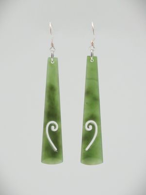 Moko Pounamu NZ Genuine Kahurangi Greenstone & Sterling Silver Earrings with Koru  KDE1
