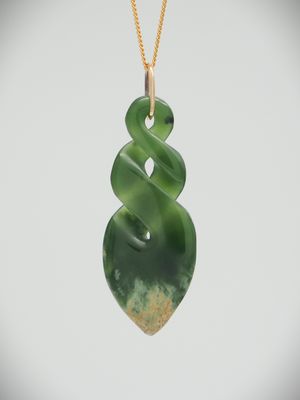 Moko Pounamu Double Pikorua (Twist) NZ Genuine Marsden Flower Greenstone and 9ct Gold Pendant - Ruakaka Moko Pounamu Double Pikorua (Twist) NZ Genuine Marsden Flower Greenstone and 9ct Gold Pendant - Ruakaka