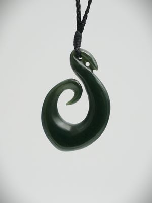 Moko Pounamu Hei Matau (Hook) NZ Genuine Kawakawa Greenstone - Omako