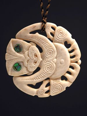 Moko Pounamu Hei Tiki Genuine Whale Bone Carving - Kaikainui Moko Pounamu Hei Tiki Genuine Whale Bone Carving - Kaikainui