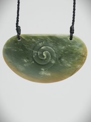 Moko Pounamu Kouma (Breastplate) with Koru NZ Genuine Inanga Flower Greenstone - Tiromaunga Moko Pounamu Kouma (Breastplate) with Koru NZ Genuine Inanga Flower Greenstone - Tiromaunga