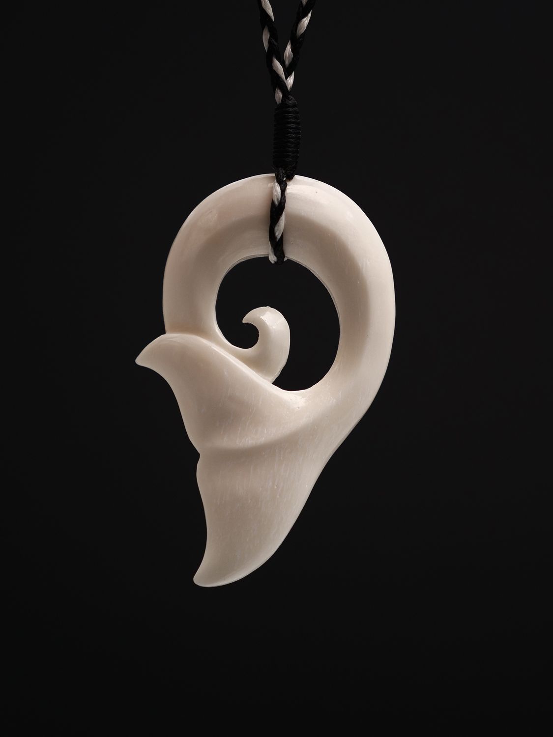 Moko Pounamu Black Ferns Whale Tail Koru Bone Carving BF39 Moko Pounamu Black Ferns Whale Tail Koru Bone Carving BF39