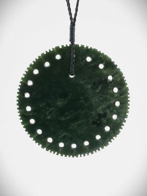 Moko Pounamu Notched Porohita (Disc) NZ Genuine Kawakawa Greenstone - Omapere Moko Pounamu Notched Porohita (Disc) NZ Genuine Kawakawa Greenstone - Omapere