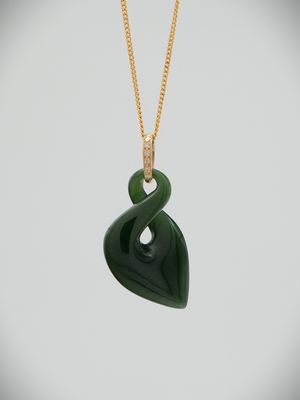 Moko Pounamu Single Pikorua (Twist) NZ Genuine Kawakawa Greenstone & 9ct Gold Diamond Pendant - Wairaurahiri Moko Pounamu Single Pikorua (Twist) NZ Genuine Kawakawa Greenstone & 9ct Gold Diamond Pendant - Wairaurahiri