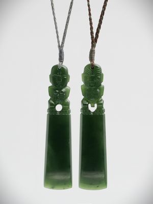 Moko Pounamu Hei Tiki NZ Genuine Kawakawa Greenstone - Te Atairangikaahu & Koraka Hei Tiki pendant pair made from Kawakawa Greenstone