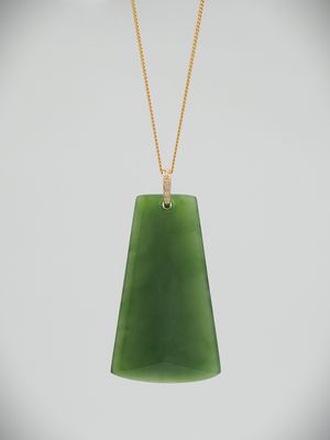 Moko Pounamu Toki NZ Genuine Kahurangi Greenstone, 9ct Gold & Diamond Pendant - Ngauranga Moko Pounamu Toki NZ Genuine Kahurangi Greenstone, 9ct Gold & Diamond Pendant - Ngauranga