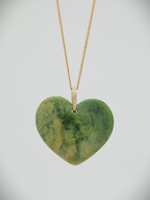 Moko Pounamu Manawa (Heart) NZ Genuine Kahurangi Flower Greenstone, 9ct Gold & Diamond Pendant - Ohariu Moko Pounamu Manawa (Heart) NZ Genuine Kahurangi Flower Greenstone, 9ct Gold & Diamond Pendant - Ohariu