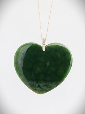 Moko Pounamu Manawa (Heart) NZ Genuine Marsden Flower Greenstone, 9ct Gold & Diamond Pendant - Maunganui Moko Pounamu Manawa (Heart) NZ Genuine Marsden Flower Greenstone, 9ct Gold & Diamond Pendant - Maunganui