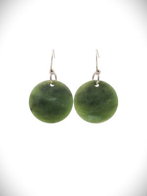 Moko Pounamu Porohita (Disc) NZ Genuine Kawakawa Greenstone, Sterling Silver Earrings - Waipawa Moko Pounamu Porohita (Disc) NZ Genuine Kawakawa Greenstone, Sterling Silver Earrings - Waipawa