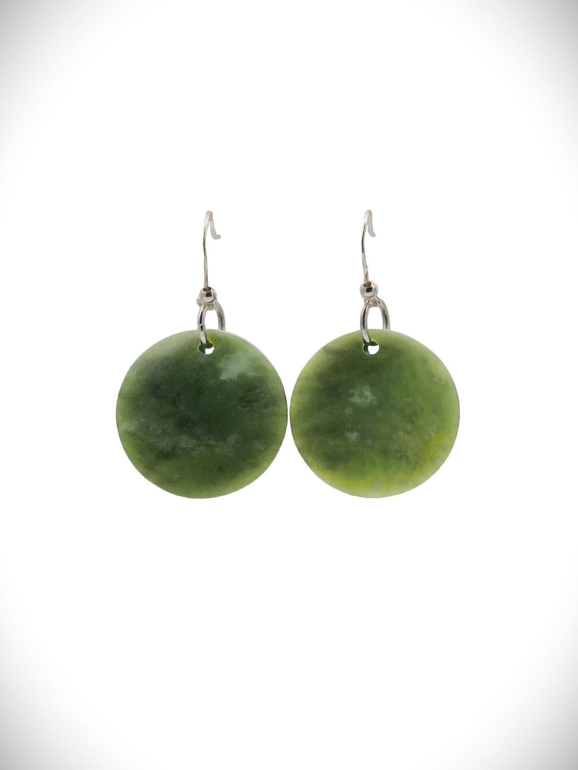 Moko Pounamu Porohita (Disc) NZ Genuine Kawakawa Greenstone, Sterling Silver Earrings - Poukawa Moko Pounamu Porohita (Disc) NZ Genuine Kawakawa Greenstone, Sterling Silver Earrings - Poukawa