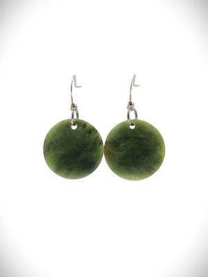Moko Pounamu Porohita (Disc) NZ Genuine Auhunga Greenstone & Sterling Silver Earrings - Kaikakapo