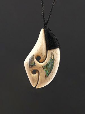 Moko Pounamu Hei Matau Genuine Whale Bone Carving - Pukeokahu