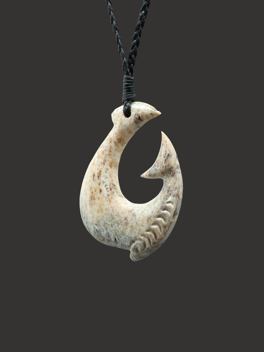 Moko Pounamu Hei Matau (Hook) Whale Bone Carving - Manuhaea SALE