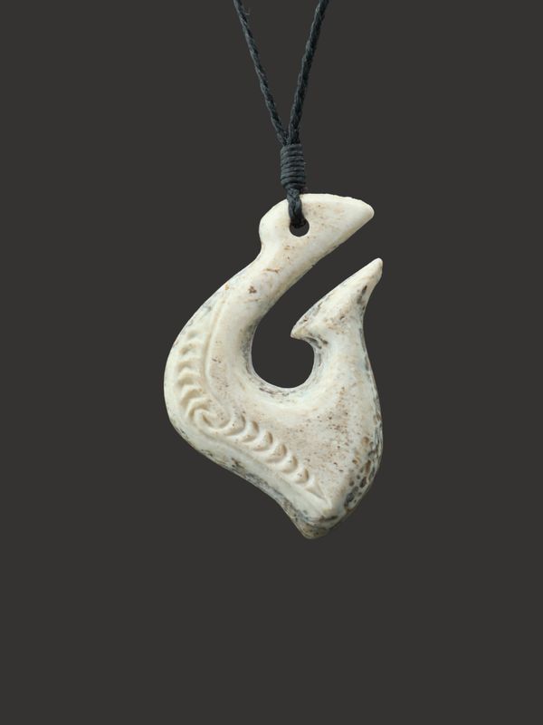 Moko Pounamu Hei Matau (Hook) Whale Bone Carving - Kirimoko SALE