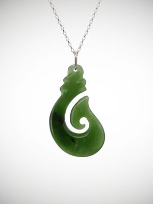 Moko Pounamu Hei Matau Genuine NZ Kahurangi Greenstone & Sterling Silver Pendant - Kaituna Moko Pounamu Hei Matau Genuine NZ Kahurangi Greenstone & Sterling Silver Pendant - Kaituna