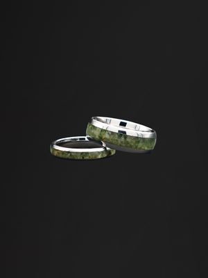 Moko Pounamu Couples Ring Set Tungsten Carbide & Genuine NZ Kawakawa Greenstone Band Rings TBR-CP 4mm + 4mm