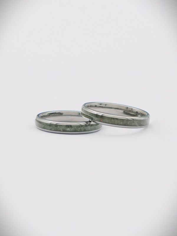 Moko Pounamu Couples Ring Set Tungsten Carbide & Genuine NZ Kawakawa Greenstone Band Rings TBR-CP 4mm + 4mm