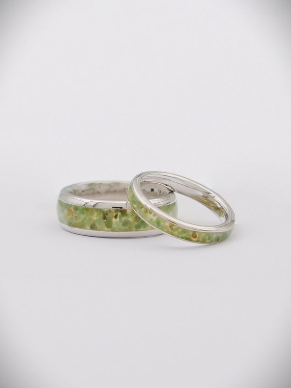 Moko Pounamu Couples RIng Set - Sterling Silver & Genuine NZ Kahurangi Greenstone Band Ring 4mm + 8mm SSBR4CP