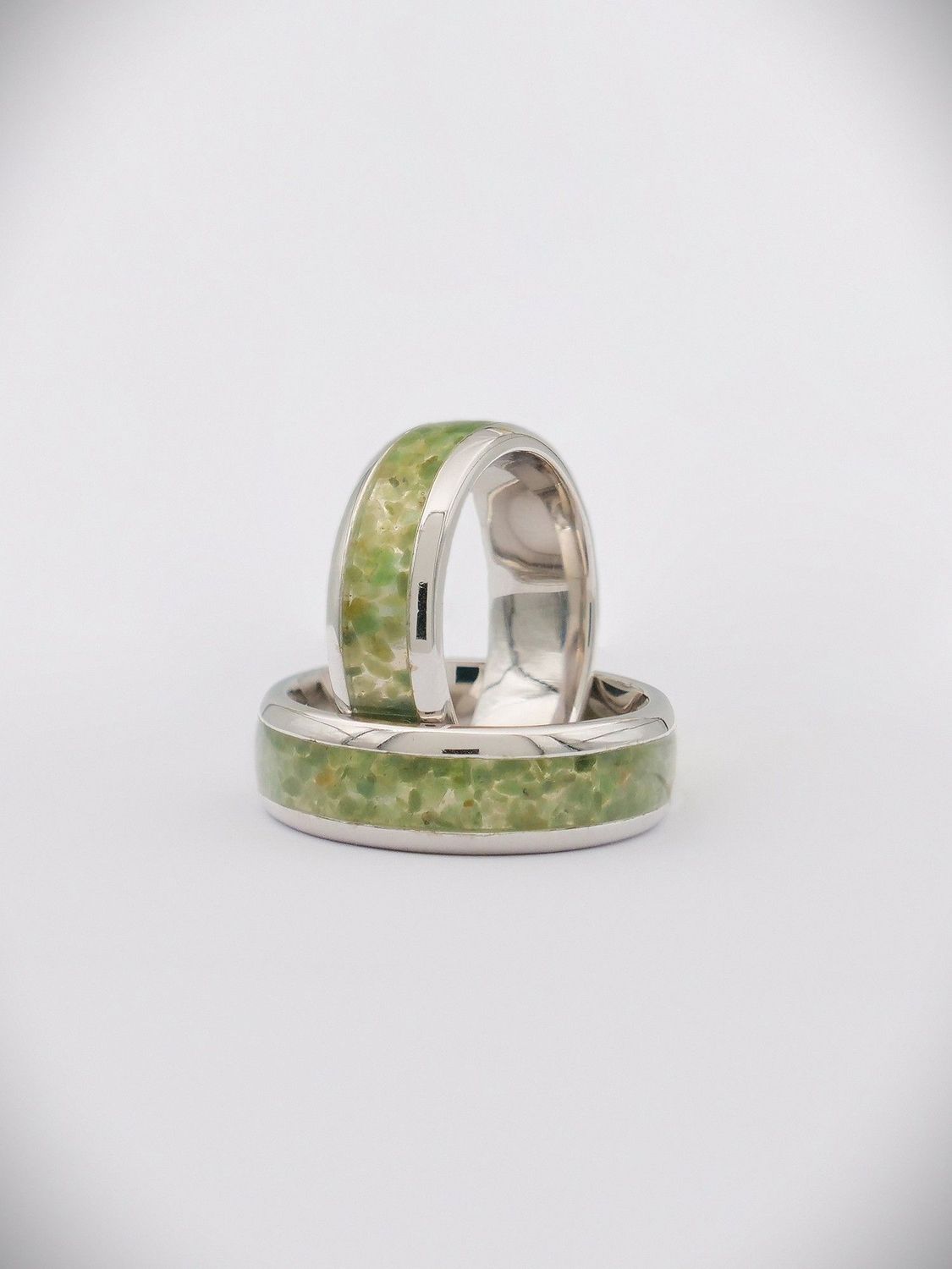 Moko Pounamu Couples RIng Set - Sterling Silver & Genuine NZ Kahurangi Greenstone Band Ring 8mm + 8mm SSBR4CP