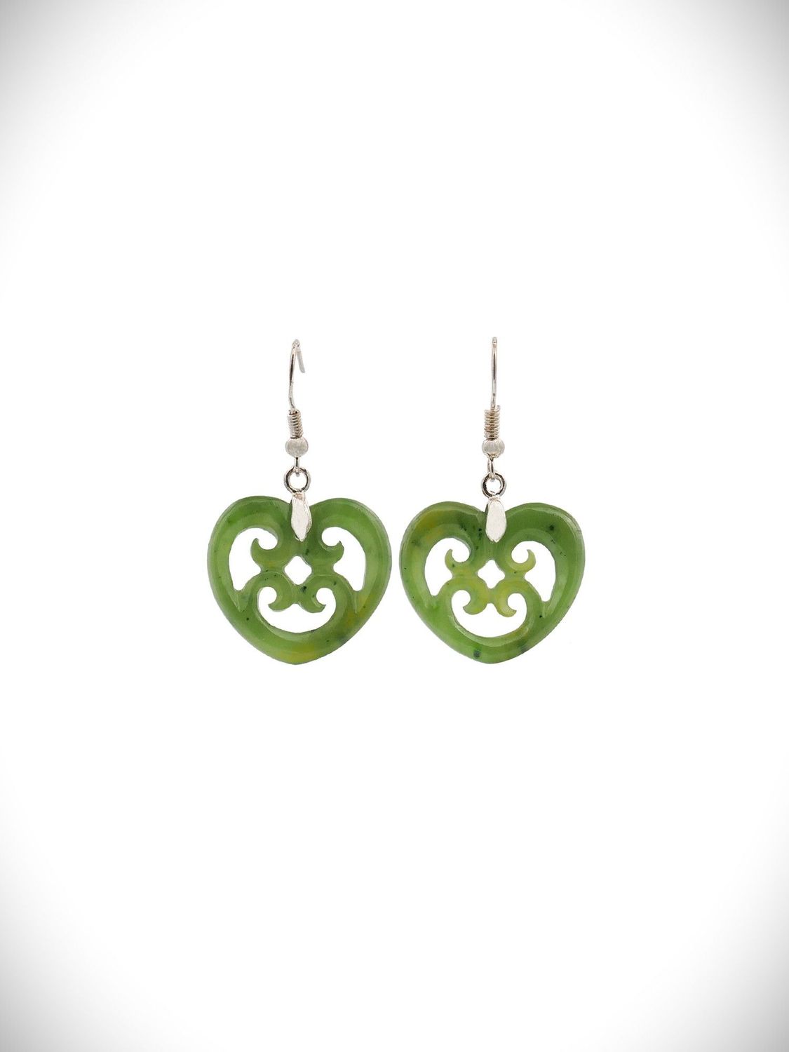 Moko Pounamu Heart with Four Koru NZ Genuine Greenstone and Sterling Silver Earrings