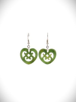 Moko Pounamu Heart with Four Koru NZ Genuine Greenstone and Sterling Silver Earrings
