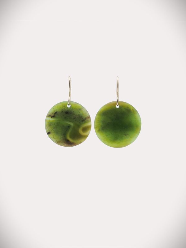 Moko Pounamu Porohita (Disc) NZ Genuine Totoweka Greenstone Sterling Silver Earrings - Tikokino