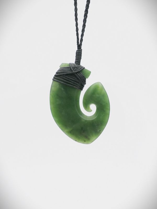 Moko Pounamu Hei Matau (Hook) NZ Genuine Kawakawa Greenstone - Otiaka