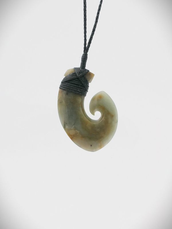 Moko Pounamu Hei Matau (Hook) NZ Genuine Inanga Greenstone - Tokomaru