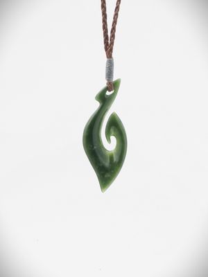Moko Pounamu Hei Matau (Hook) NZ Genuine Kawakawa Greenstone - Kapuni