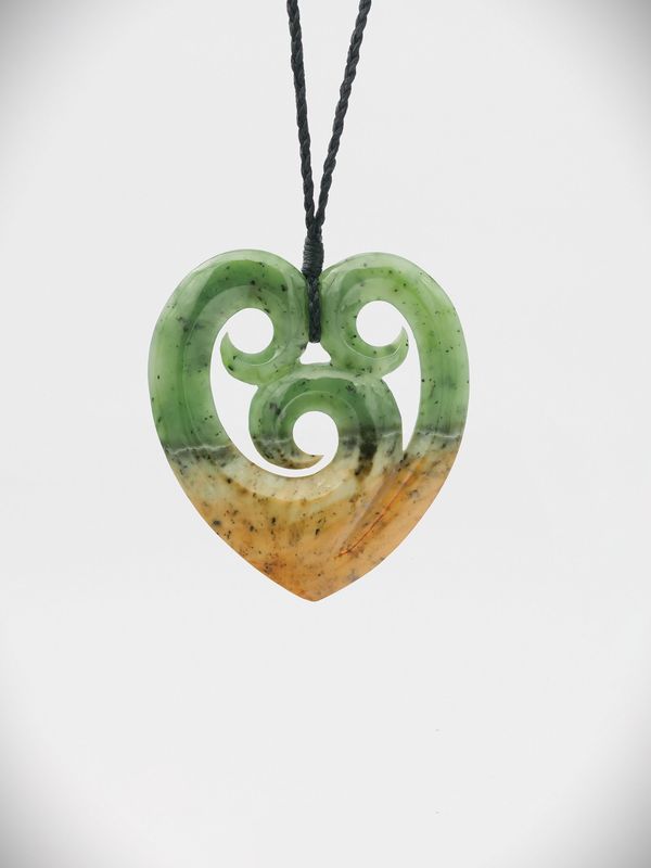 Moko Pounamu Heart Genuine NZ Kawakawa Flower Greenstone - Tora
