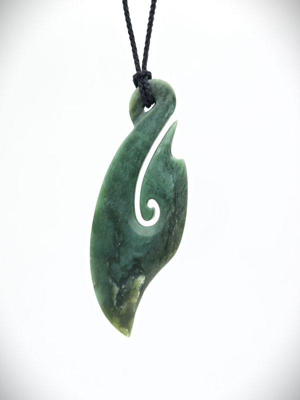 Moko Pounamu Hei Matau Genuine NZ Inanga Greenstone - Korakonui