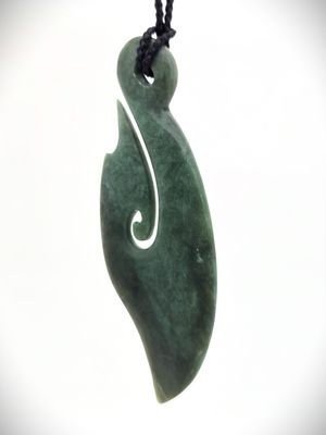 Moko Pounamu Hei Matau Genuine NZ Inanga Greenstone - Korakonui